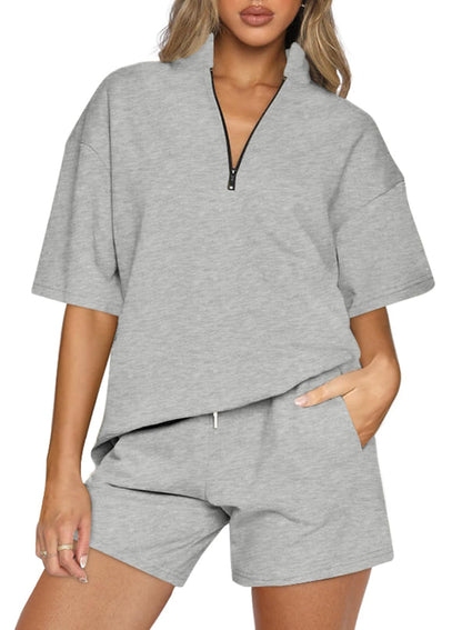 Ladies Two-piece Set Oversized Half Zipper Pullover Short Sleeve