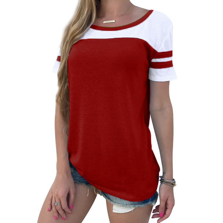 Contrast Round Neck T-shirt For Women's Summer Top Loose Fitting