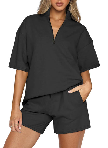 Ladies Two-piece Set Oversized Half Zipper Pullover Short Sleeve