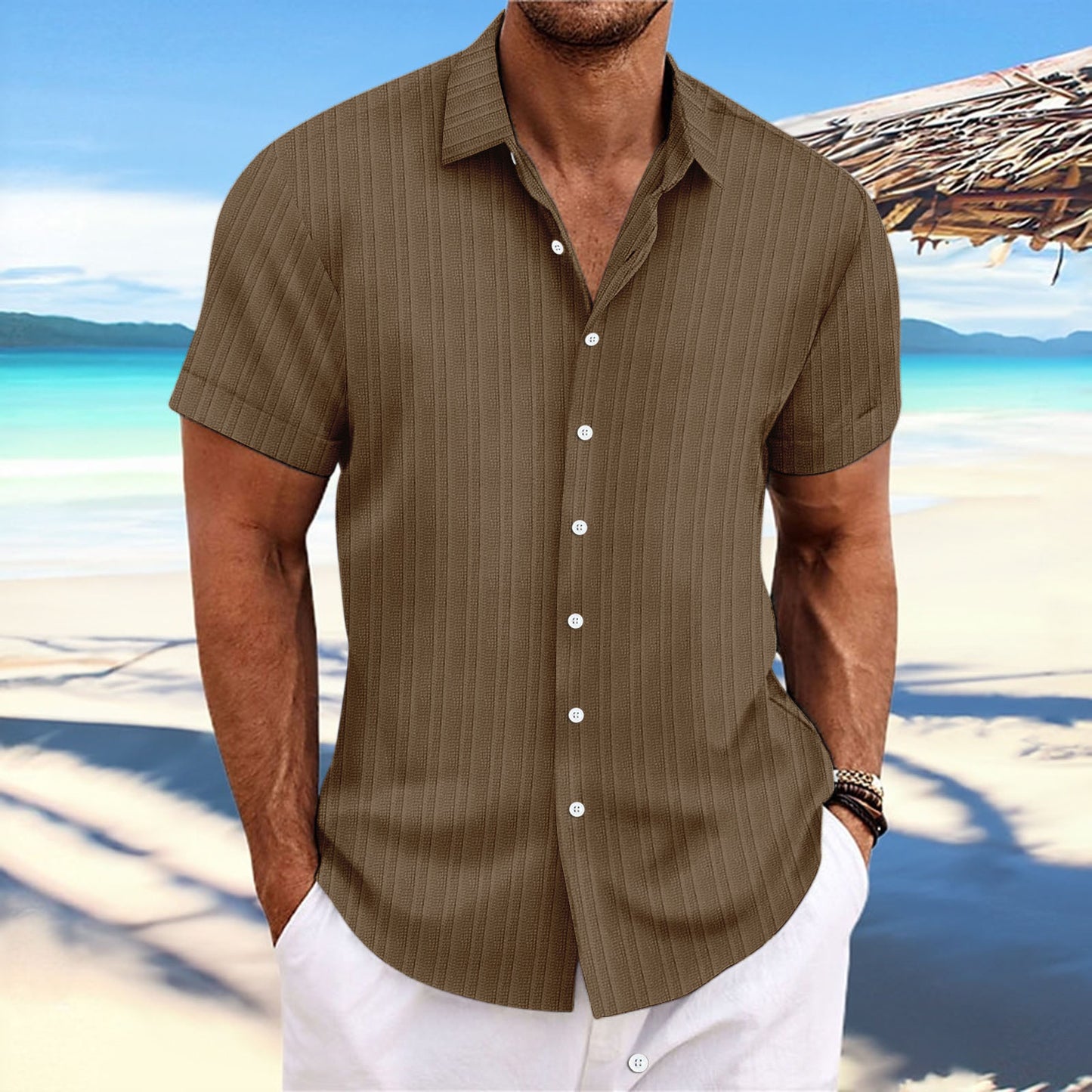 Men's Cotton And Linen Stripes Jacquard Casual Loose Short Sleeves