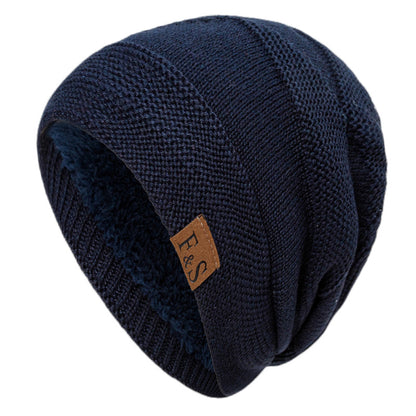 Fleece-lined Woolen Hat Winter Knitting Solid Color Sewed Label Horizontal Bar Warm Pullover Cap