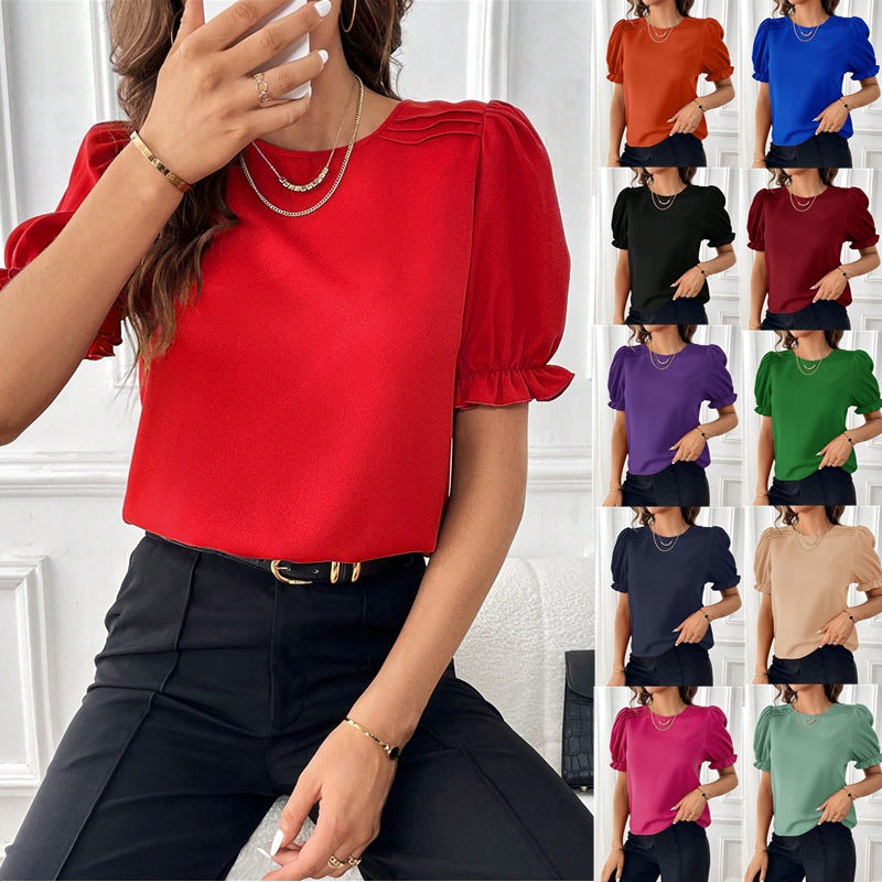 Fashion Temperament Pure Color Round Neck Shirt Top