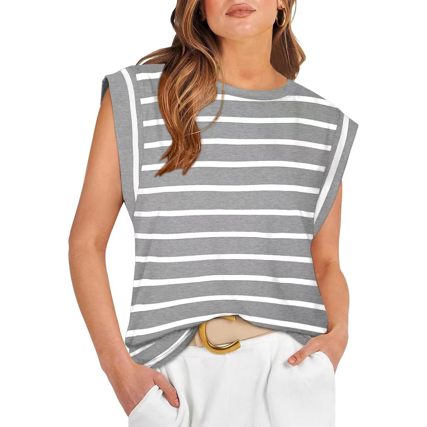 Round Neck Loose Short Sleeves T-shirt Striped Top Women's Vest