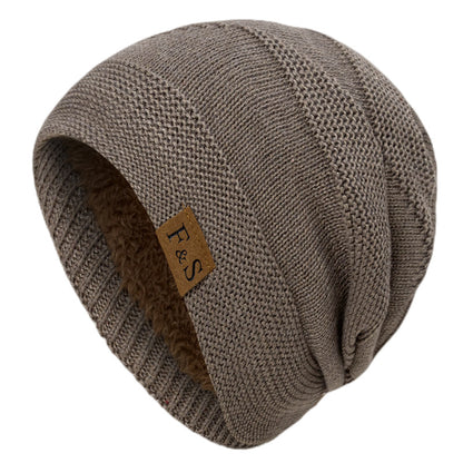 Fleece-lined Woolen Hat Winter Knitting Solid Color Sewed Label Horizontal Bar Warm Pullover Cap