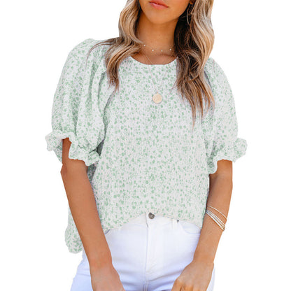 Women's Short Sleeve Round Neck Printed Puff Sleeve Chiffon Top