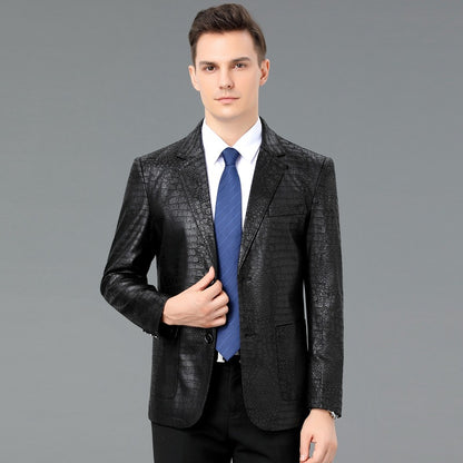 Men's Leather Coat Suit Collar Single-breasted Crocodile Pattern