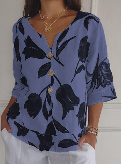 Pattern Print Cotton And Linen V-neck Short Sleeve Pullover Shirt