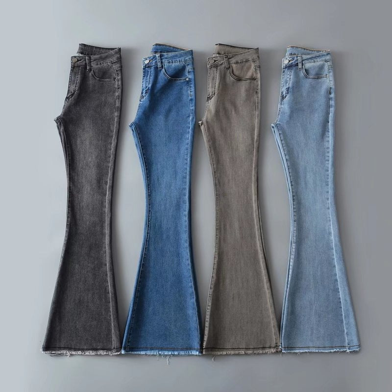 Autumn And Winter Fashion Small High Waist Raw Hem Jeans Retro Distressed Small Man Stretchy Wide-leg Slim Flare Pants