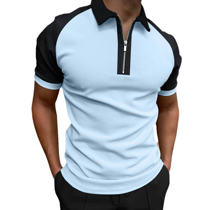 Color Matching Polo Shirt Zipper Men's Raglan Sleeve Top