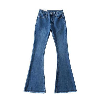 Autumn And Winter Fashion Small High Waist Raw Hem Jeans Retro Distressed Small Man Stretchy Wide-leg Slim Flare Pants