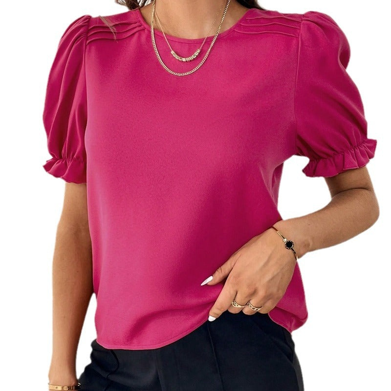 Fashion Temperament Pure Color Round Neck Shirt Top