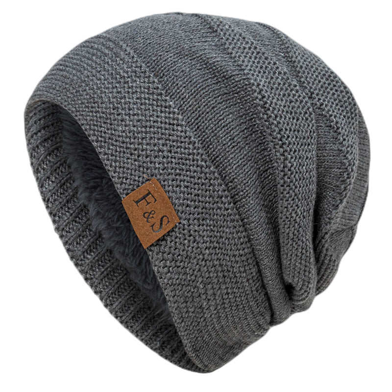 Fleece-lined Woolen Hat Winter Knitting Solid Color Sewed Label Horizontal Bar Warm Pullover Cap