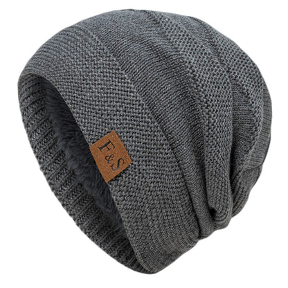 Fleece-lined Woolen Hat Winter Knitting Solid Color Sewed Label Horizontal Bar Warm Pullover Cap