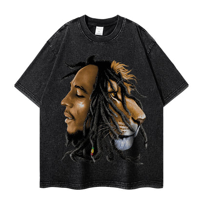 Dreadlocks Lion Printing Washed Distressed T-shirt