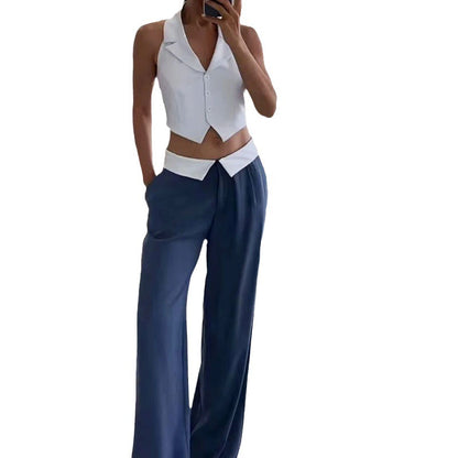 Casual Polo Collar Sleeveless Loose Solid Color Trousers Two-piece Set