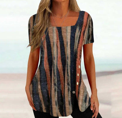 Cross-border New Print Short Sleeve Irregular Button Split Printed Women's T-shirt