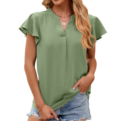 V-neck Ruffled Sleeve Solid Color Short Sleeve Chiffon Loose Top