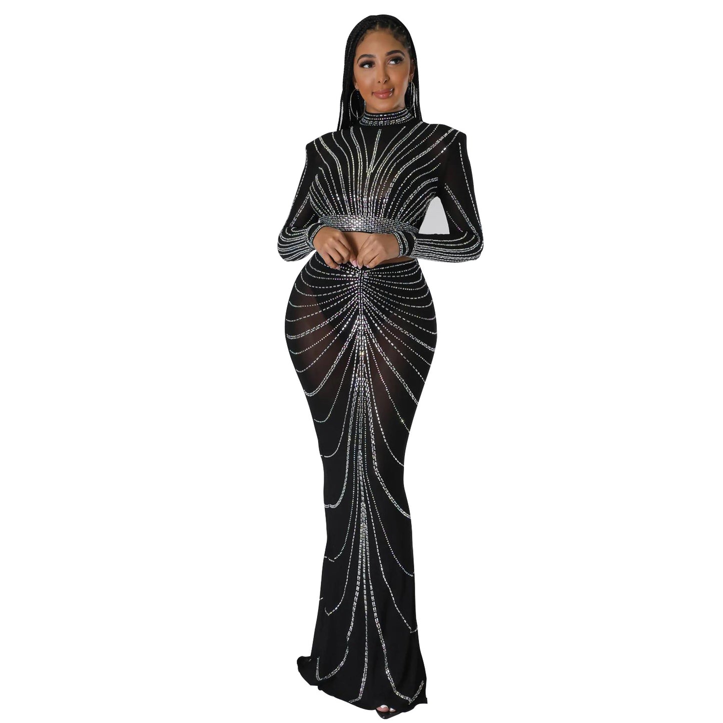 Women's Long Sleeve Mesh Rhinestone Two-piece Suit