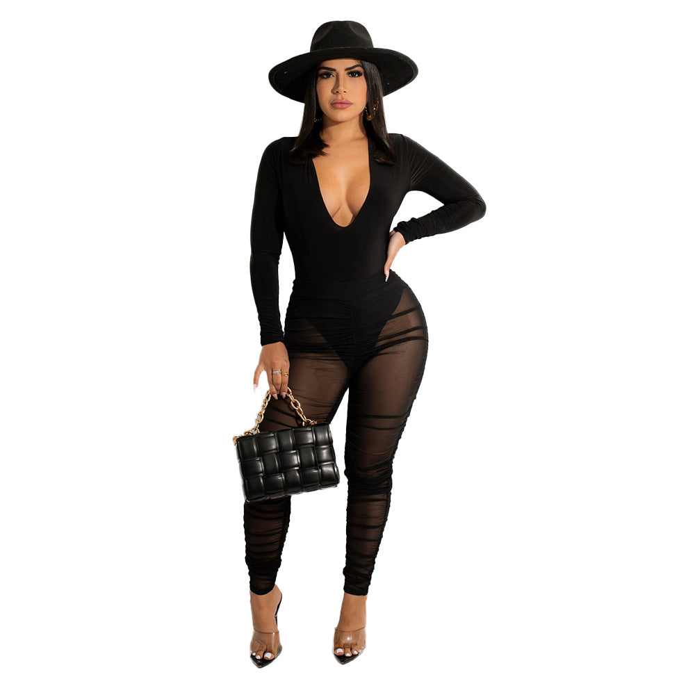 Women's Mesh Long Sleeve Two-piece Suit