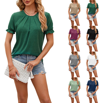 Solid Color Round Neck Loose Short Sleeve T-shirt Top Ladies