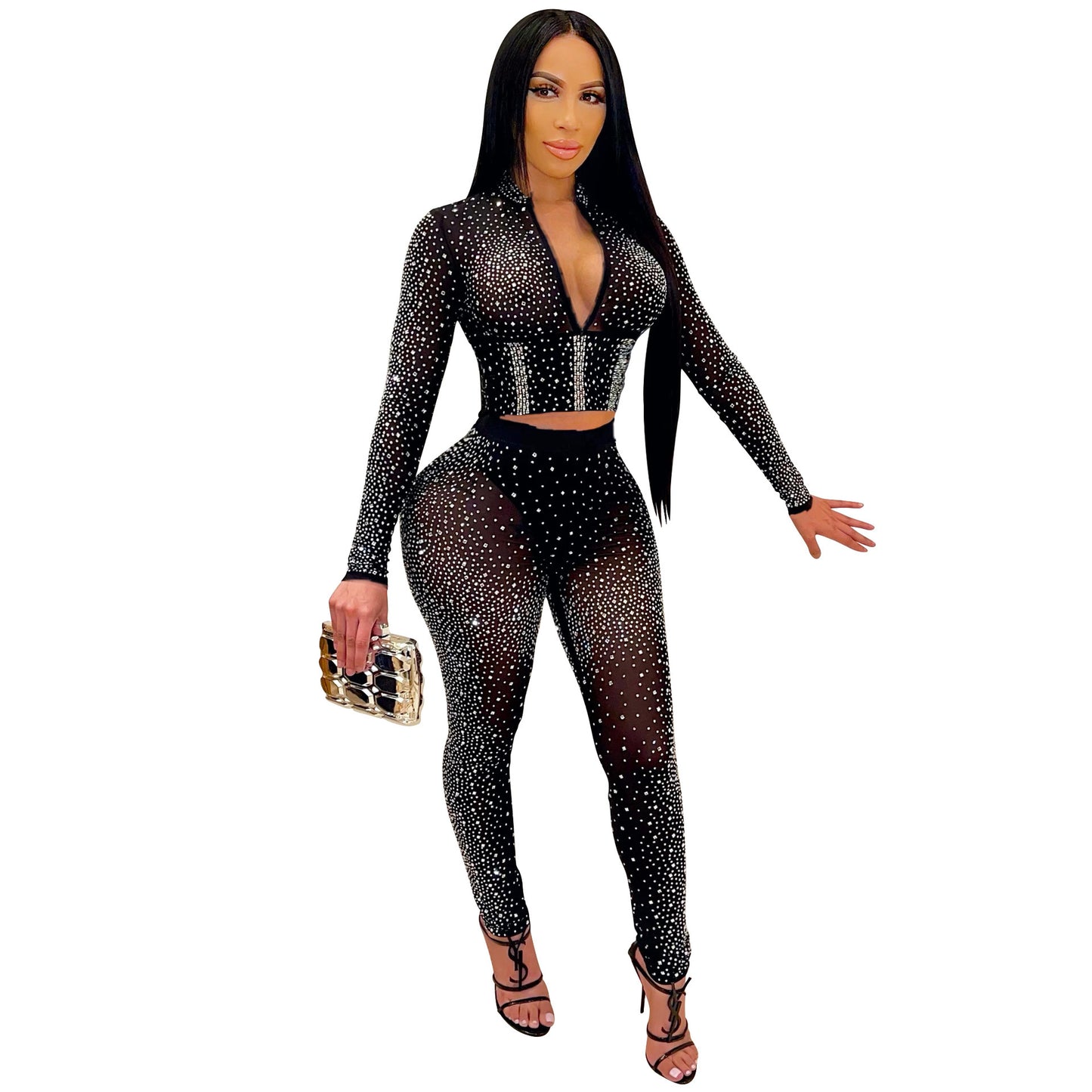 Women's Fashion Mesh Long Sleeve Two-piece Suit