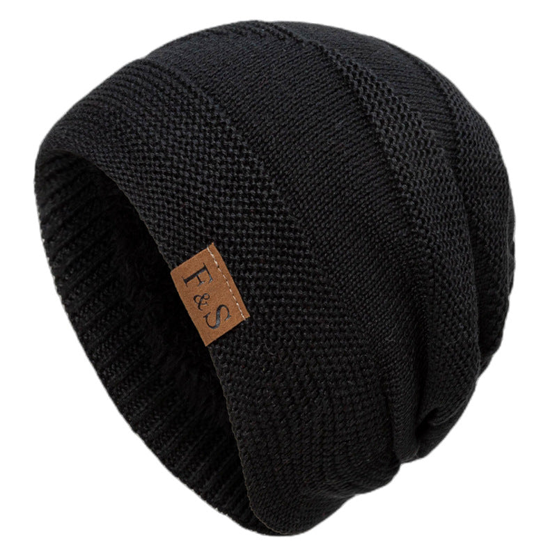 Fleece-lined Woolen Hat Winter Knitting Solid Color Sewed Label Horizontal Bar Warm Pullover Cap