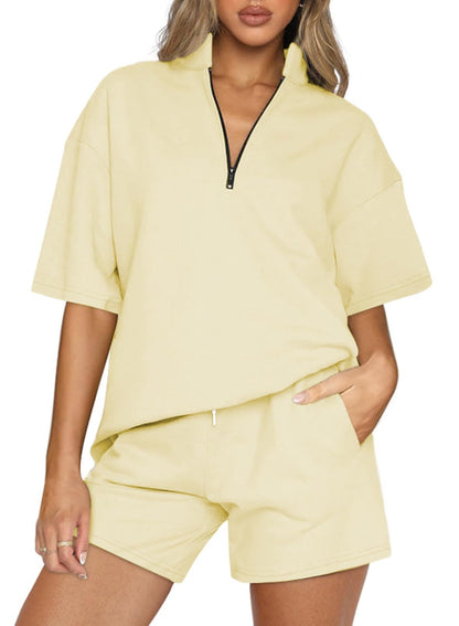 Ladies Two-piece Set Oversized Half Zipper Pullover Short Sleeve