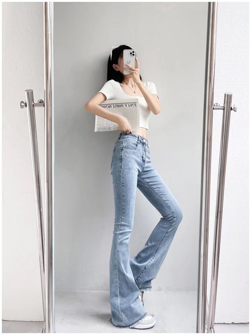 Autumn And Winter Fashion Small High Waist Raw Hem Jeans Retro Distressed Small Man Stretchy Wide-leg Slim Flare Pants