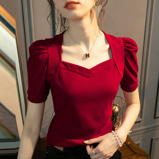 Diamond Collar Short Sleeve T-shirt Women's Solid Color Puff Sleeve Top