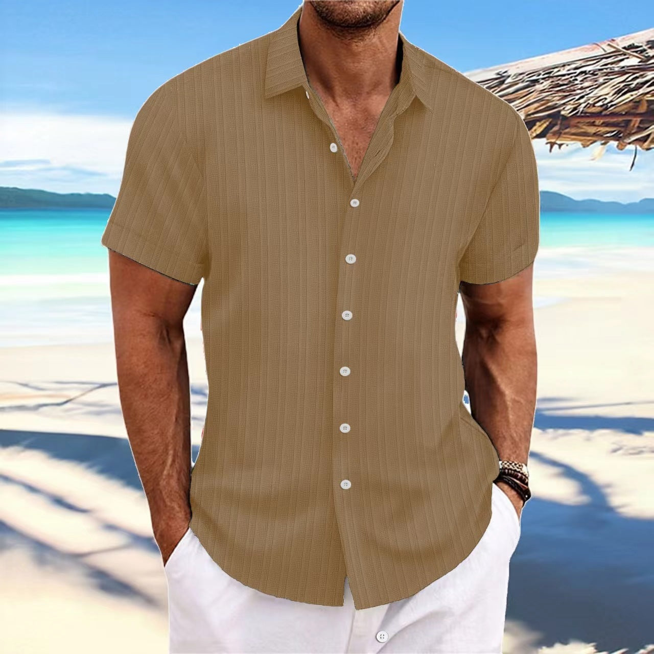 Men's Cotton And Linen Stripes Jacquard Casual Loose Short Sleeves