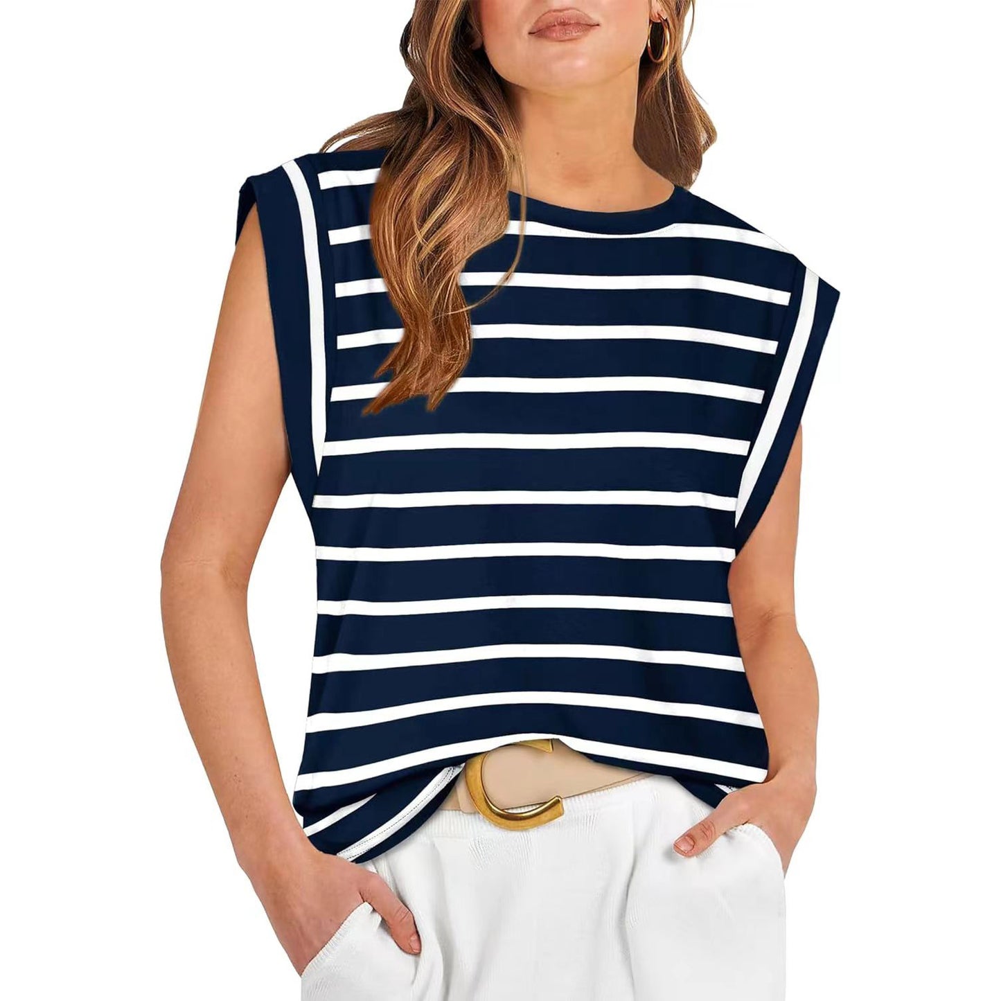 Round Neck Loose Short Sleeves T-shirt Striped Top Women's Vest