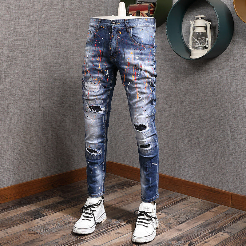 Men's Fashion Splash-ink Hole Patch Jeans