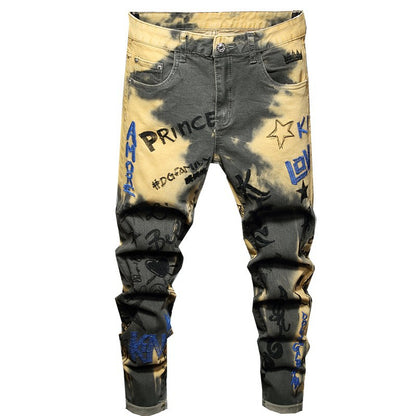 Jeans Men's Slim Pants Stretch Dyed Long  Trendy Personality Camouflage Print