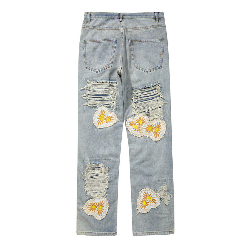 High Street Heavy Hole Daisy Patch Embroidered Jeans