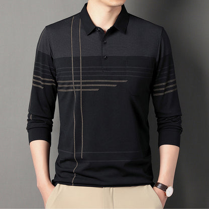 Men's Lapel Long Sleeve Middle-aged Polo Shirt Striped Casual Real Pocket Men's Shirt Trendy