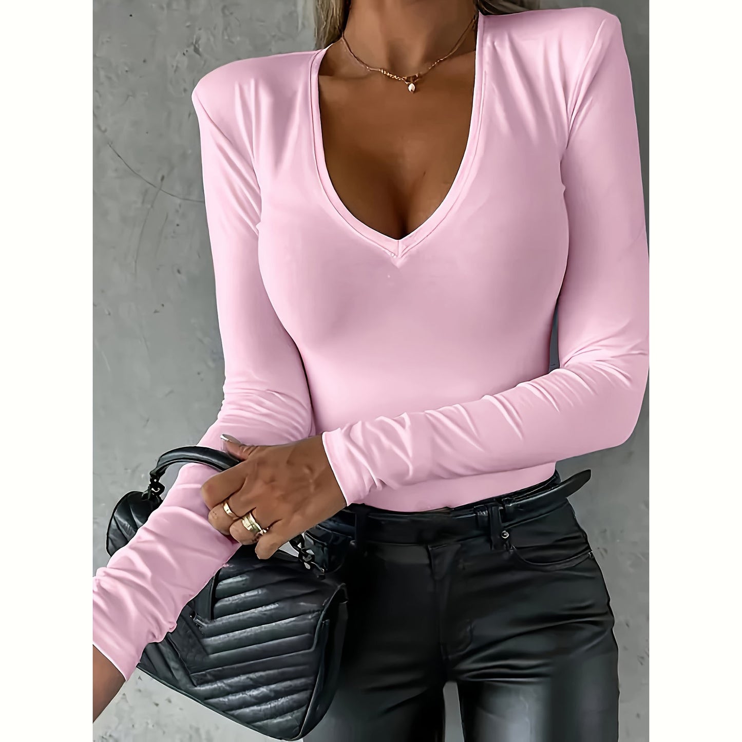 Women's Long-sleeved V-neck Tight Bottoming Casual Simple T-shirt Top