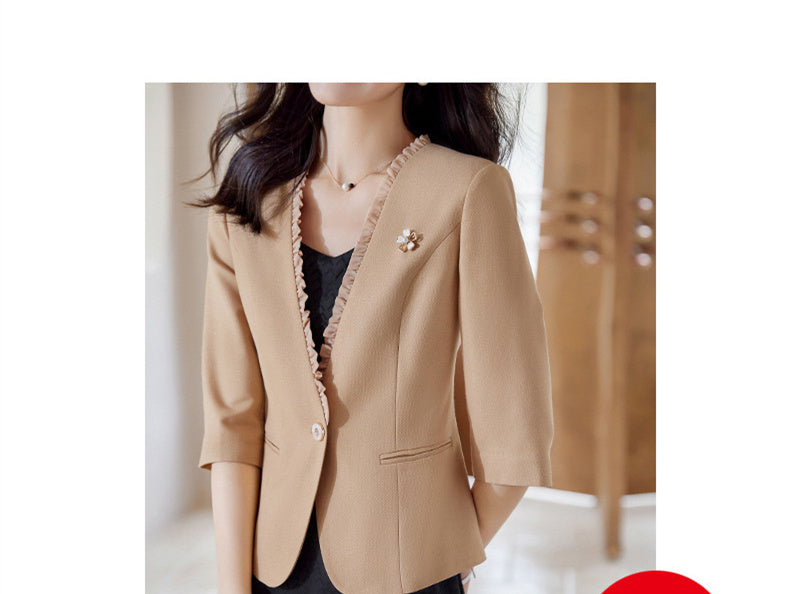 Women's Collarless Professional Casual Three Quarter Sleeve Suit Jacket