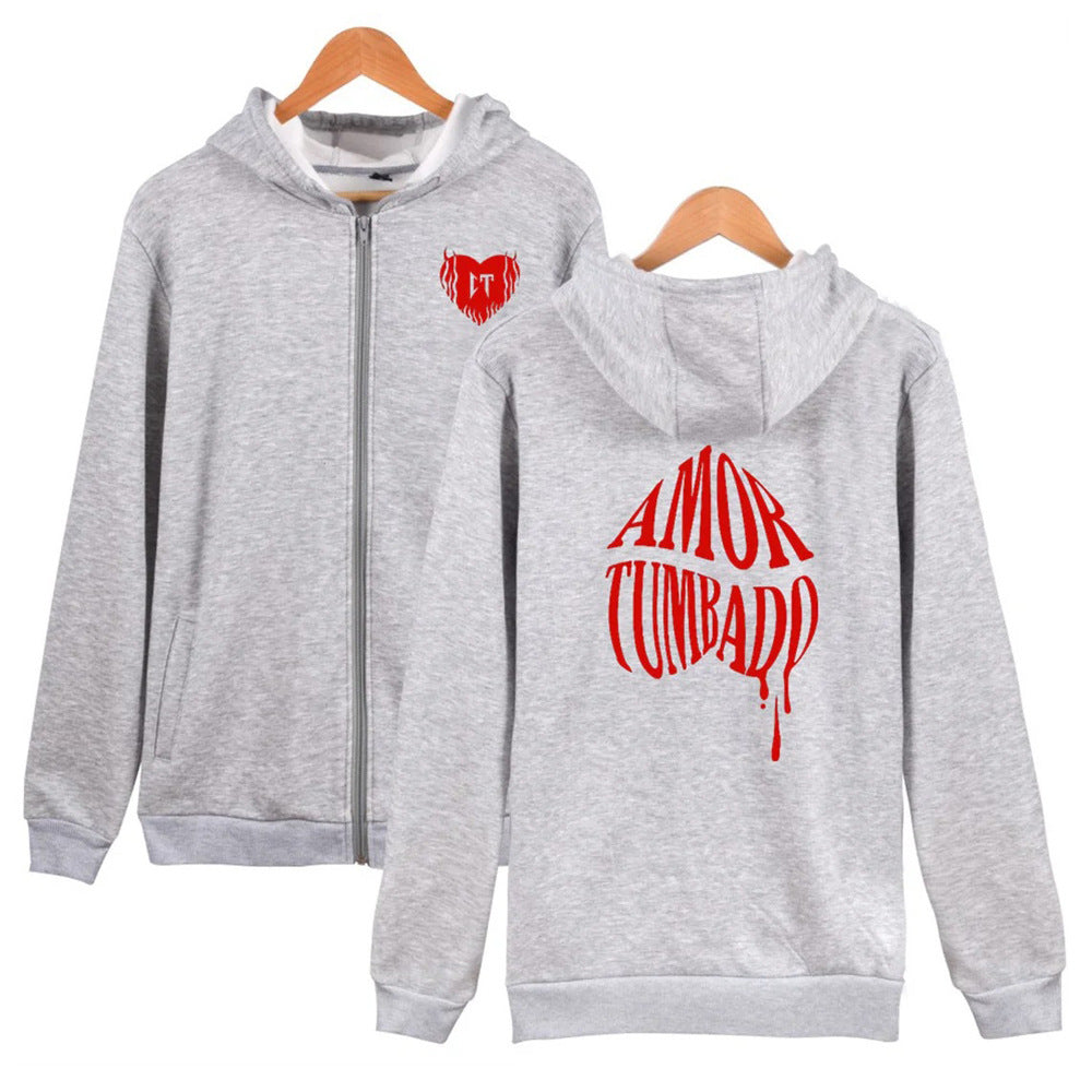 Loose Zip Fleece Printed Long Sleeve Hooded Drawstring Sweatshirt