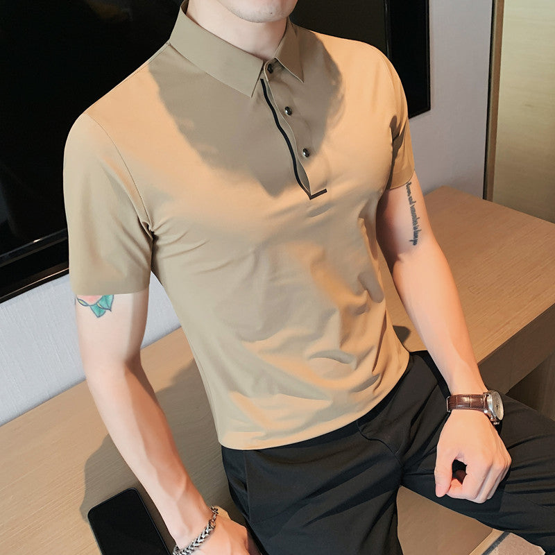 New Men's Ice Silk Drape Polo Shirt Seamless Stretch Lapel T-Shirt