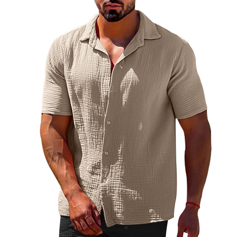 Polo Collar Solid Color Short Sleeve Button Men's Linen Shirts