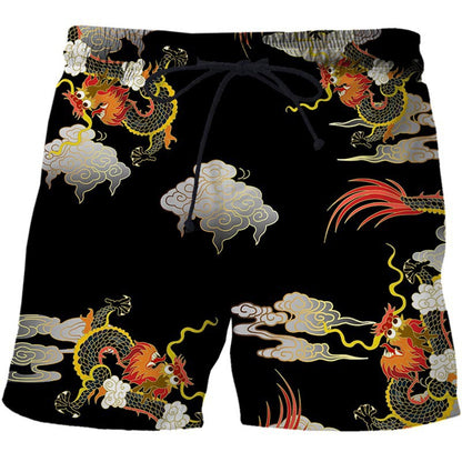 Chinese Style Shorts Dragon And Phoenix Pattern 3D Printing Loose Fifth Pants Creative Breathable Casual Pants