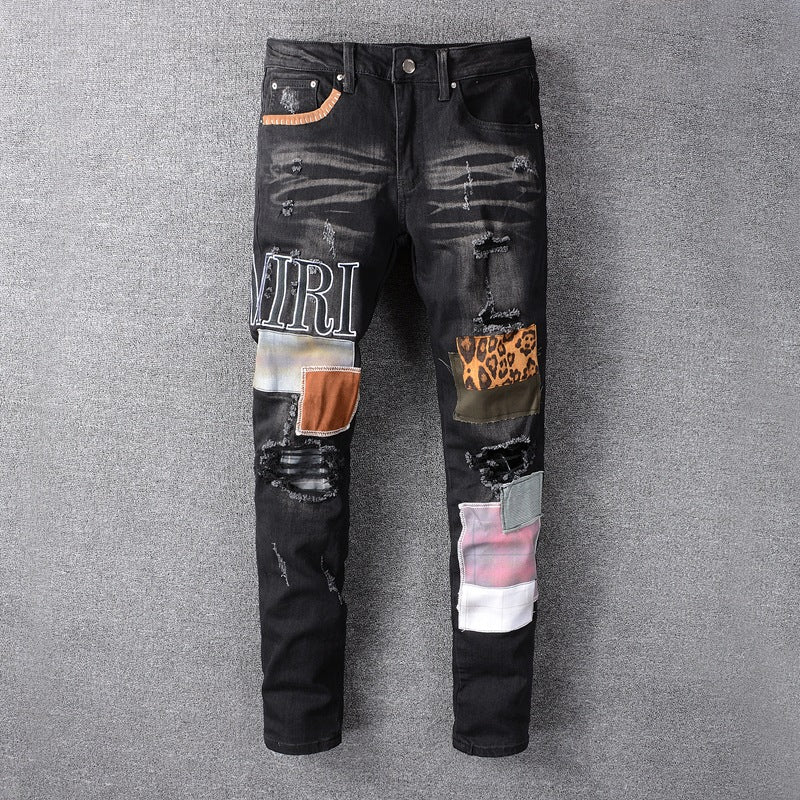 Men's High Street Brand Patch Embroidered Stretch Slim Jeans