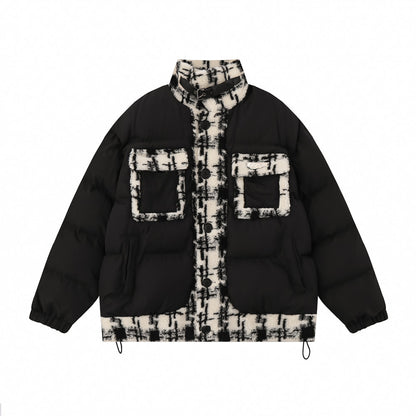 Lambswool Stitching Color-contrast Check Cotton Coat Jacket