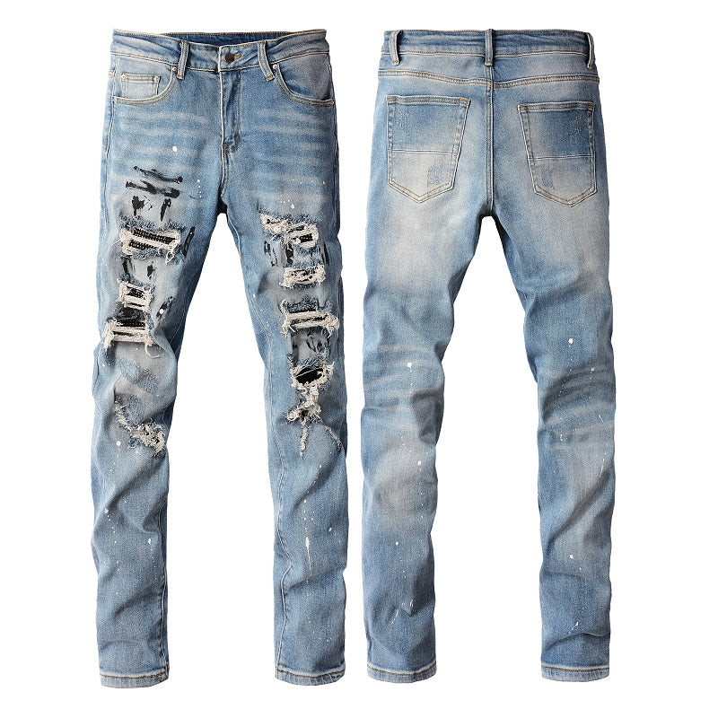 High Street Trendy Brand Worn Out Wash Paint Splashing Perforated Jeans