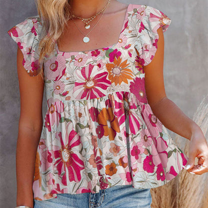 Summer Women's Sleeveless Top With Printed Square Neck Vest