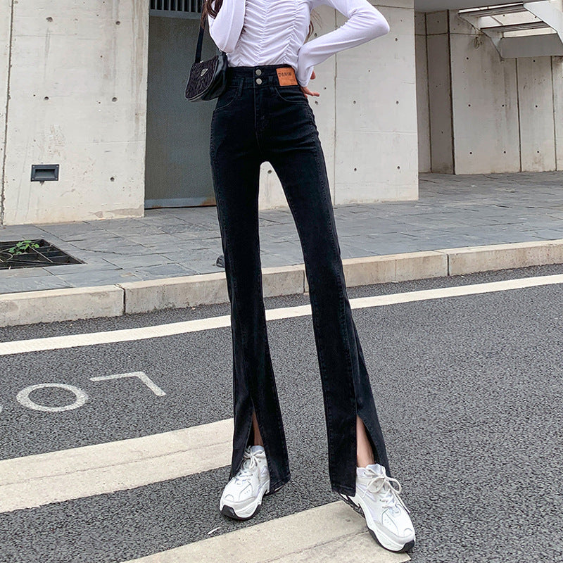 High Waist Straight All-matching Stretch Split Skinny Jeans