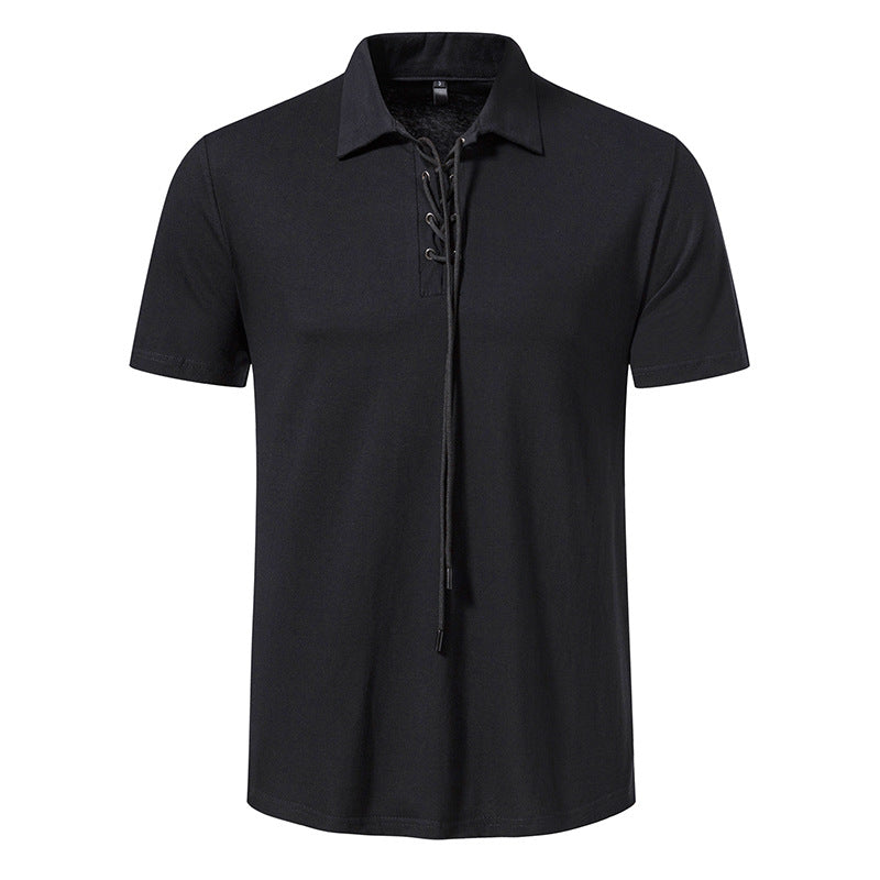 Solid Polo Neck Lace Up Casual Pocket Short Sleeve