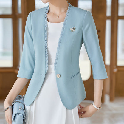 Women's Collarless Professional Casual Three Quarter Sleeve Suit Jacket