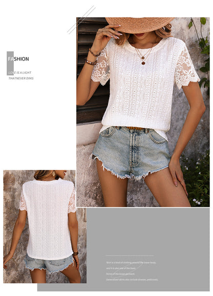 Summer Lace Stitching T-shirt Top Pullover