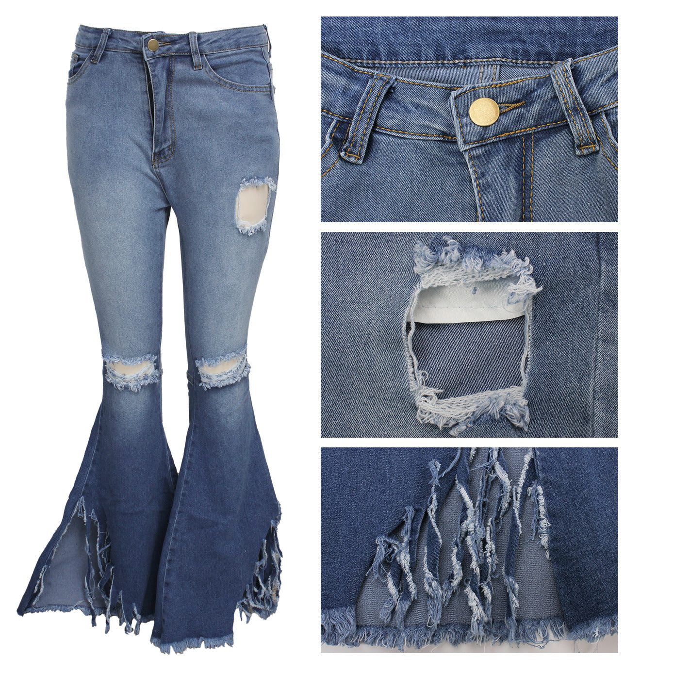 European And American Wide Leg Jeans With Holes In The Knee